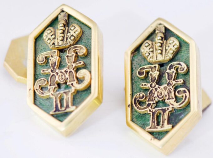 Antique Empire Fabergé 18k Goldplated Silver Enamel Cufflinks Set Tsar Monogram