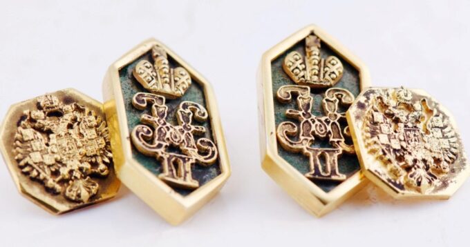 Antique Empire Fabergé 18k Goldplated Silver Enamel Cufflinks Set Tsar Monogram