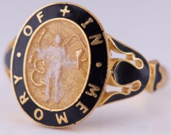 Antique 19th Century Victorian Memento Mori Mourning Ring Gilt Silver Enamel