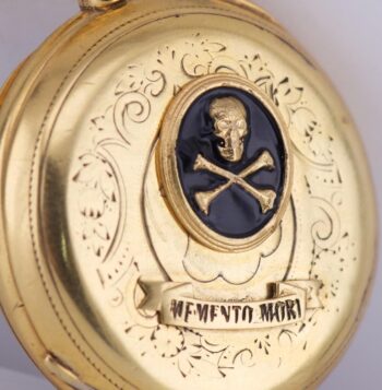Antique French Gilt Silver and Enamel Pocket Watch Memento Mori Skull c1850's