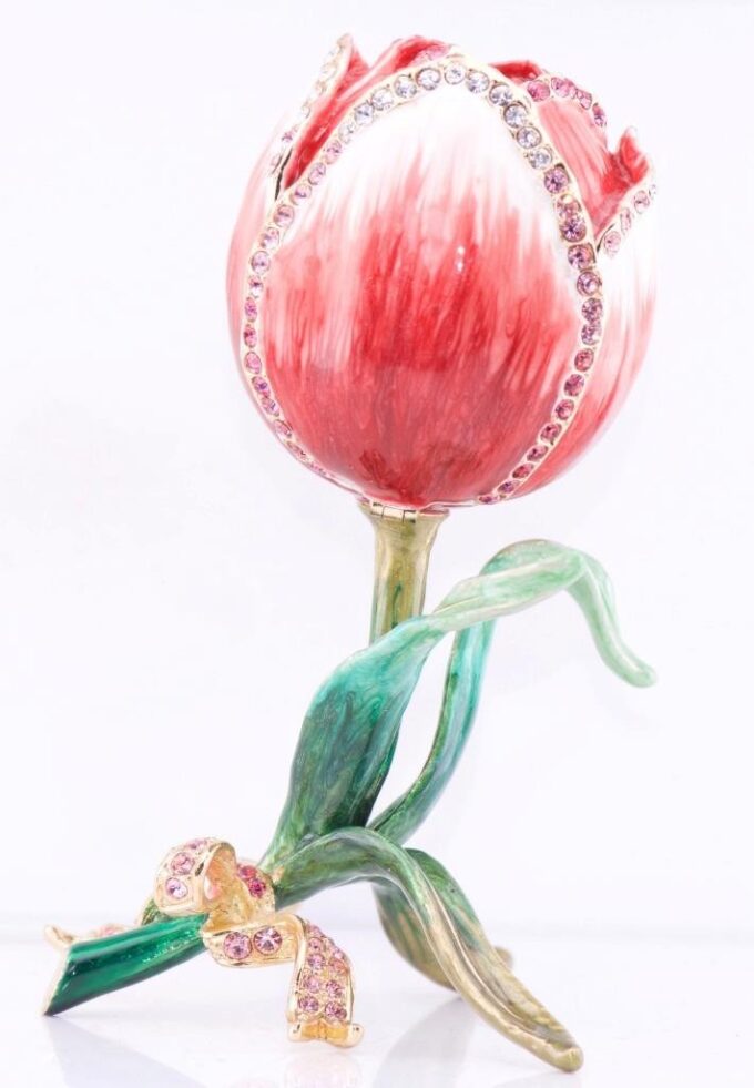 Amazing Rose Flower Gilt Bronze Enamel Paste Stones-Decorative Art-Boxed