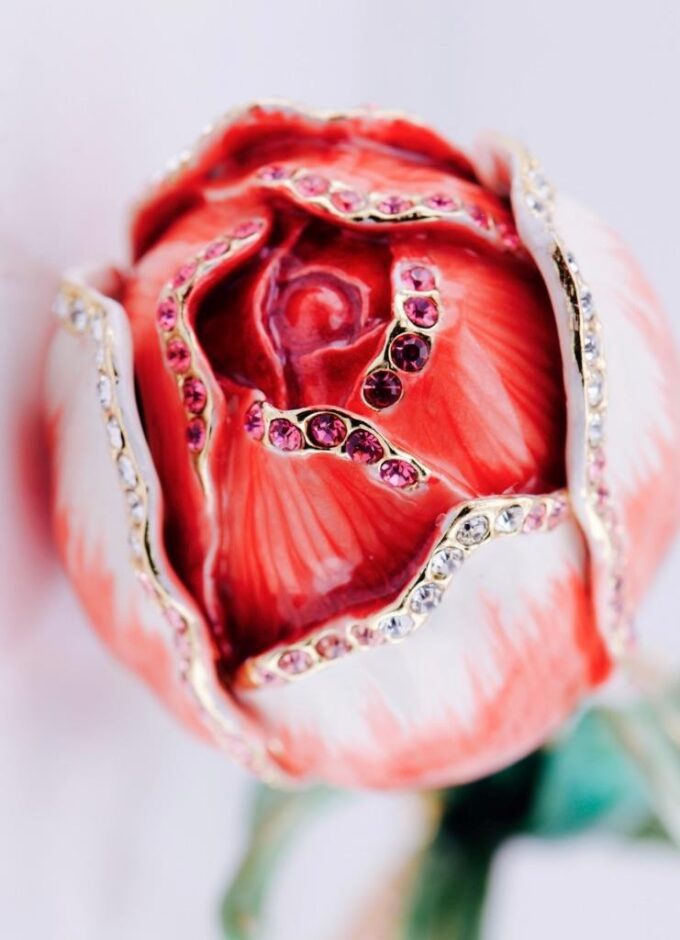 Amazing Rose Flower Gilt Bronze Enamel Paste Stones-Decorative Art-Boxed