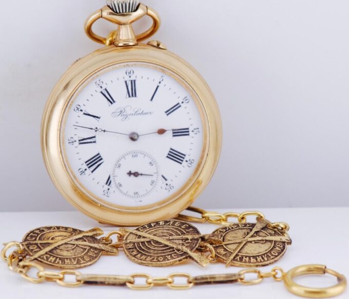 WWI Great War Imperial Officer's Award Pocket Watch Gold Plated Chain Fob c1915