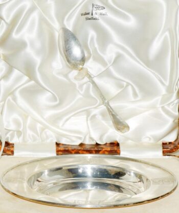 Antique Victorian Baptise Baby Presentation Dish and Spoon Sterling Silver 296g