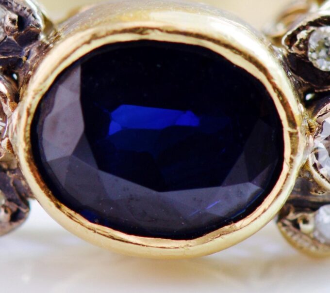 Antique 18K Gold Ring with Natural Sapphire and Diamonds by Olga Tritt - Size 8