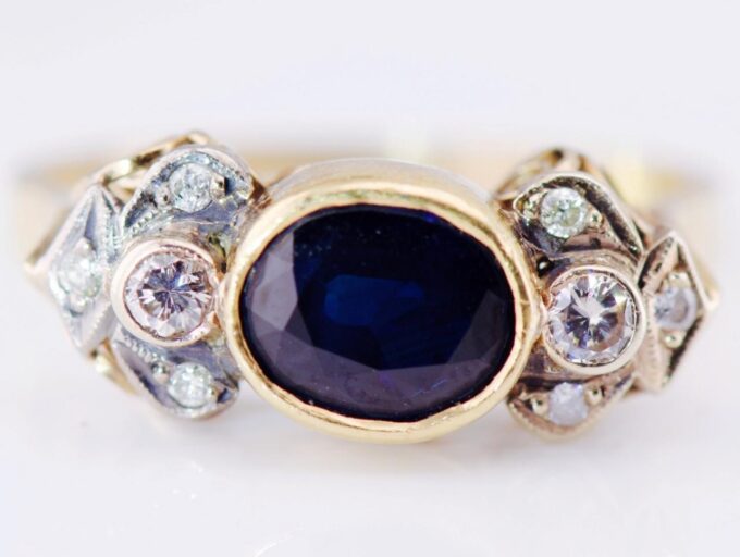 Antique 18K Gold Ring with Natural Sapphire and Diamonds by Olga Tritt - Size 8