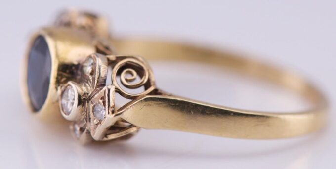 Antique 18K Gold Ring with Natural Sapphire and Diamonds by Olga Tritt - Size 8