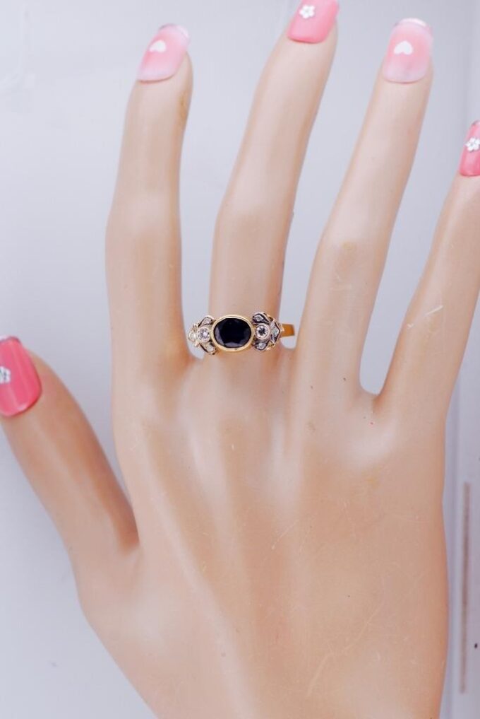 Antique 18K Gold Ring with Natural Sapphire and Diamonds by Olga Tritt - Size 8