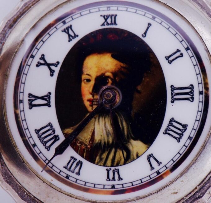 Antique Pocket Watch-Victorian Full Hunter MEMENTO MORI Fancy Enamel Dial c1890
