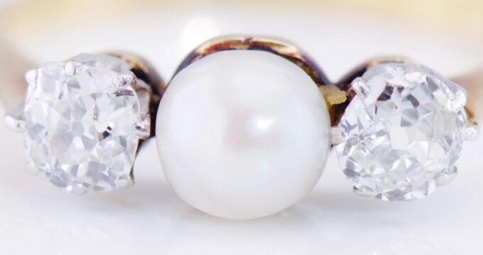 Antique Victorian Two Stones Ladies Ring 18k Gold,0.80ct Diamonds Pearl AWC&Co