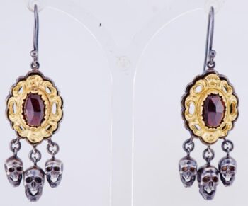 Antique Victorian Memento Mori Earrings c1890 - Skull Design Gilt Silver Garnets