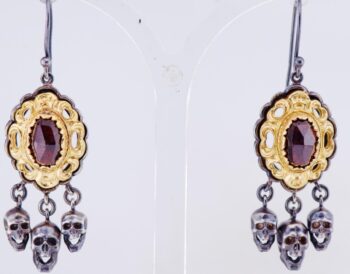 Antique Victorian Memento Mori Earrings c1890 - Skull Design Gilt Silver Garnets
