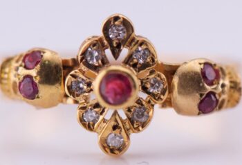 Antique Victorian 18k Gold Diamond Ruby Ladies Ring Memento Mori Skull c1890's