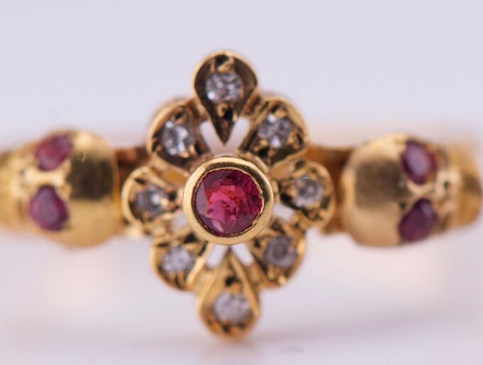 Antique Victorian 18k Gold Diamond Ruby Ladies Ring Memento Mori Skull c1890's
