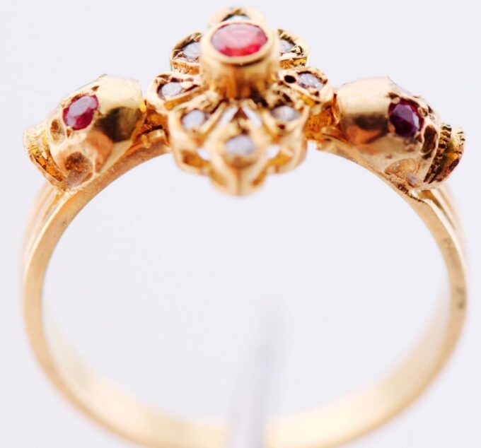 Antique Victorian 18k Gold Diamond Ruby Ladies Ring Memento Mori Skull c1890's