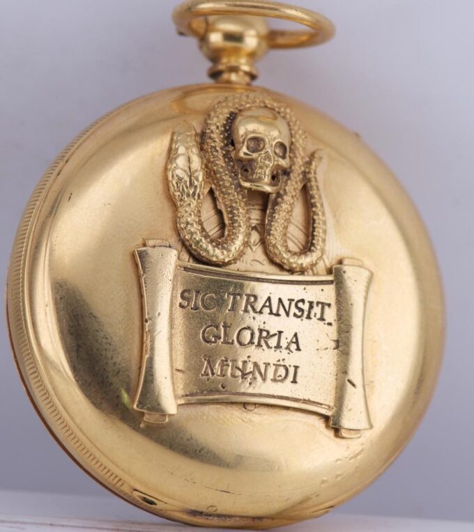 Antique Victorian Gilt Silver Pocket Watch – Memento Mori Skull Snake Case c1879