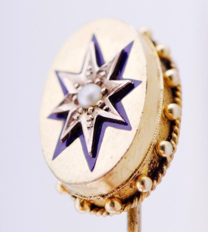 Antique Victorian Tie Pin Silver and Solid 18k Gold Enamel Pearl c1880