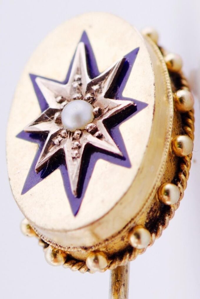 Antique Victorian Tie Pin Silver and Solid 18k Gold Enamel Pearl c1880