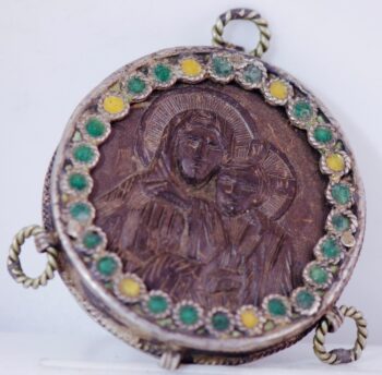 Antique Orthodox Amulet Icon Pendant Enamel Silver and Hand Carved c1850's