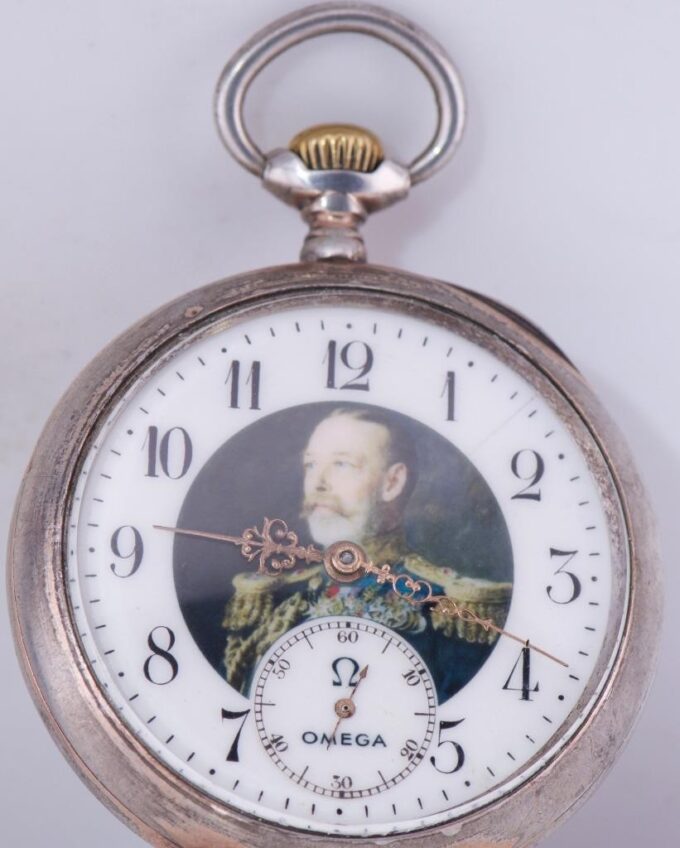 Antique Award Omega Grand-Prix Silver Pocket Watch Portrait of King George V