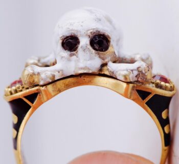 Antique Victorian Skull Occultist Ring Gilt Silver Enamel Garnets Eyes c1872