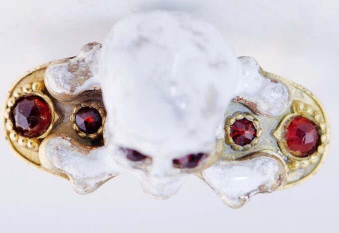 Antique Victorian Skull Occultist Ring Gilt Silver Enamel Garnets Eyes c1872