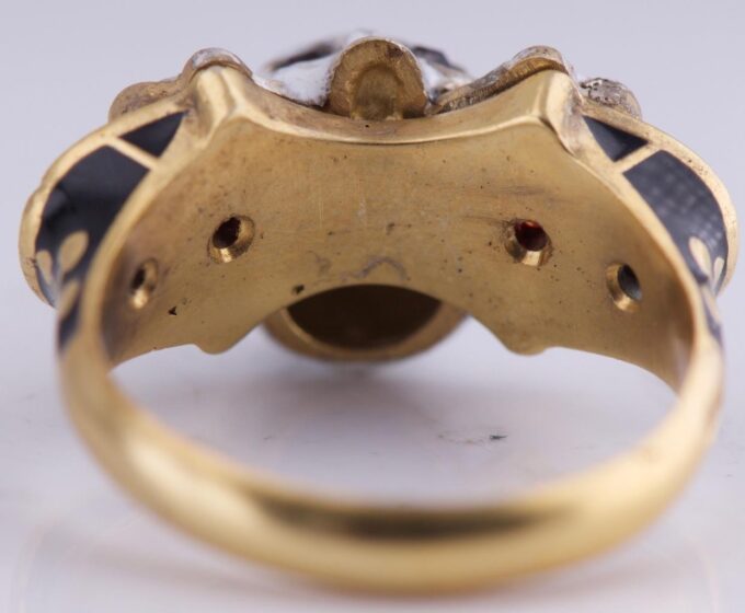 Antique Victorian Skull Occultist Ring Gilt Silver Enamel Garnets Eyes c1872