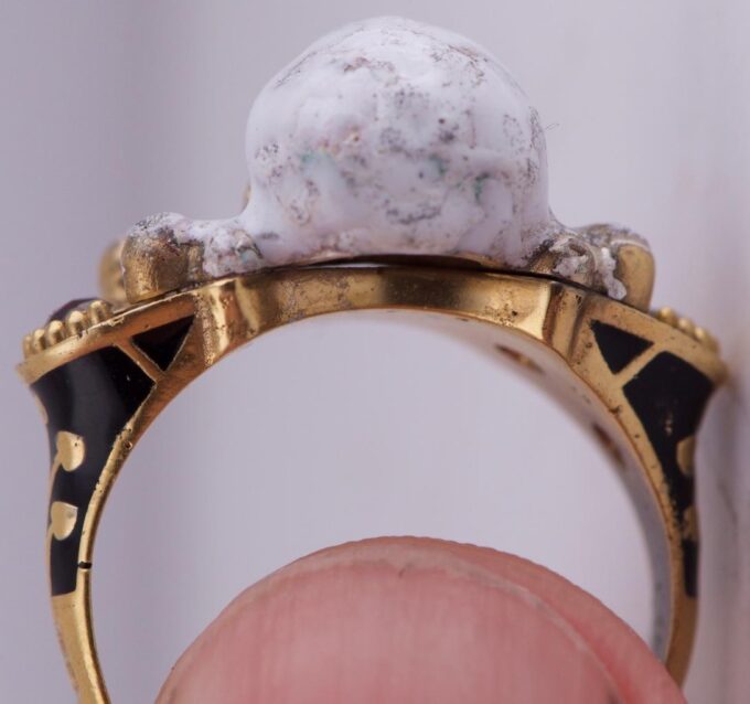 Antique Victorian Skull Occultist Ring Gilt Silver Enamel Garnets Eyes c1872