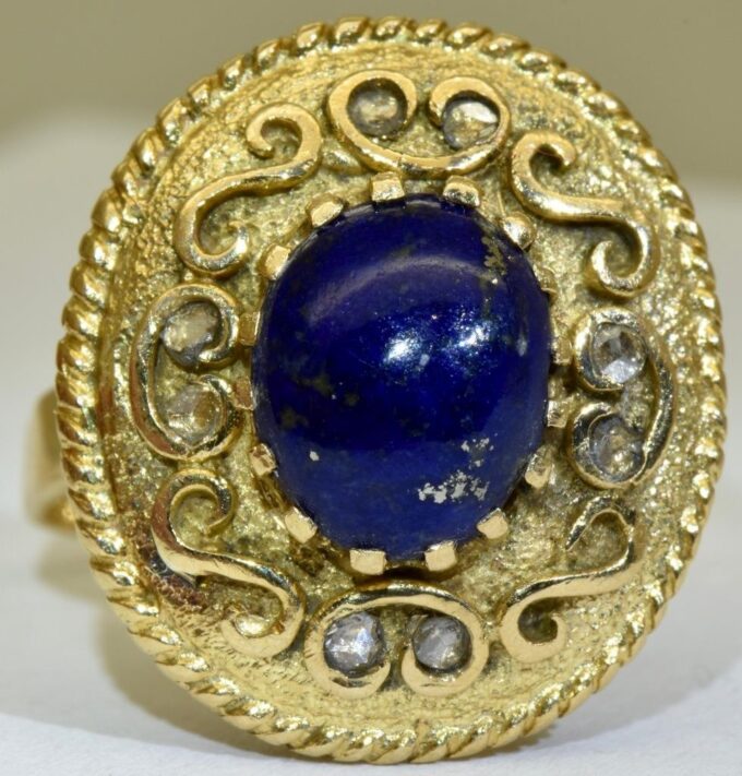 Antique Ring Georgian 18k Gold Lapis-Lazuli Cabochon and Rose Cut Diamond c1800
