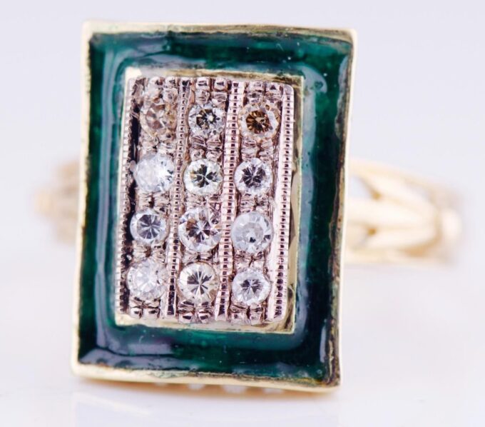 Antique Art Deco Ladies Ring 18k Gold Ename Diamonds-Size 6.75
