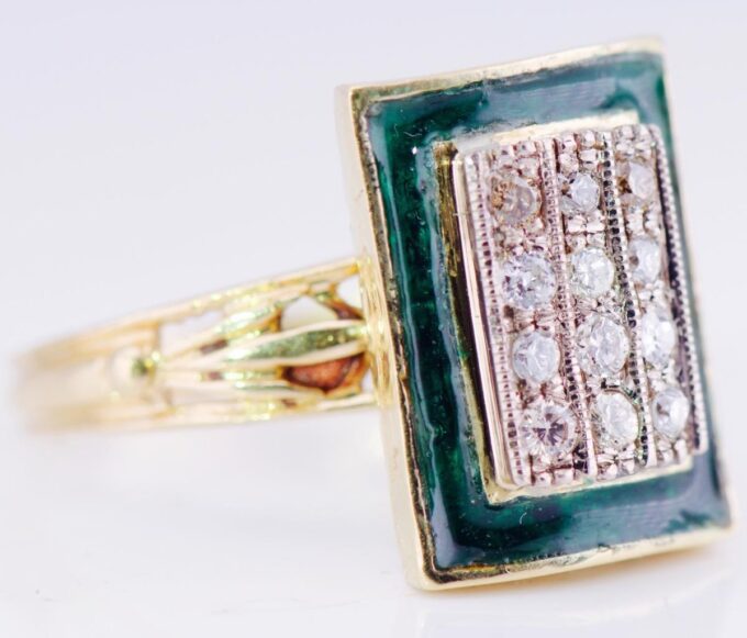 Antique Art Deco Ladies Ring 18k Gold Ename Diamonds-Size 6.75