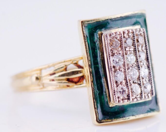 Antique Art Deco Ladies Ring 18k Gold Ename Diamonds-Size 6.75