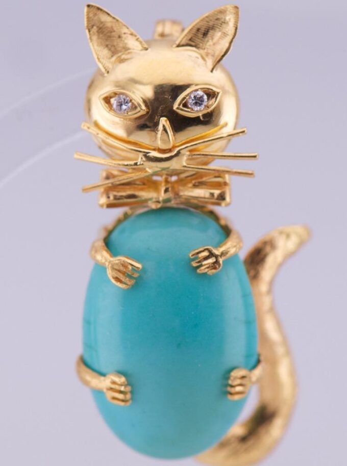 Vintage 18k Gold Carl Bucherer Cat Brooch Diamond Cabochon Turquoise c1960's Box