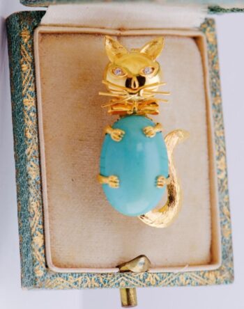 Vintage 18k Gold Carl Bucherer Cat Brooch Diamond Cabochon Turquoise c1960's Box