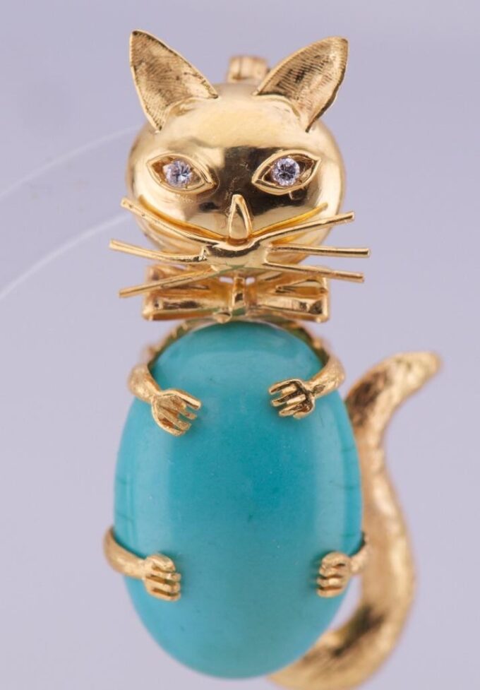 Vintage 18k Gold Carl Bucherer Cat Brooch Diamond Cabochon Turquoise c1960's Box