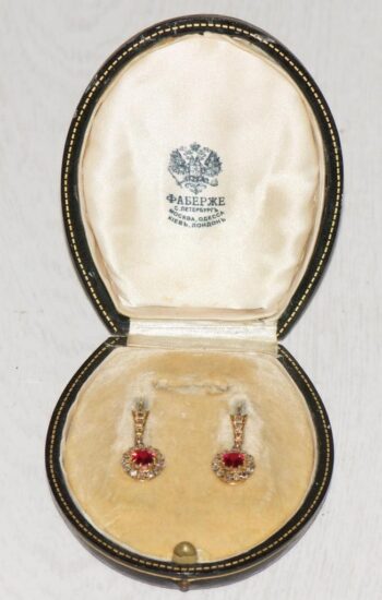 Antique Imperial Faberge 14k Gold Jewelled Earrings Set Ruby c1900 Box