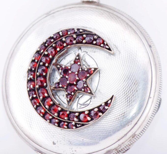 Antique Pocket Watch Full Hunter Silver Garnets Case for Ottoman Market c1850's