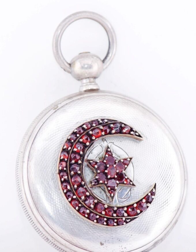 Antique Pocket Watch Full Hunter Silver Garnets Case for Ottoman Market c1850's