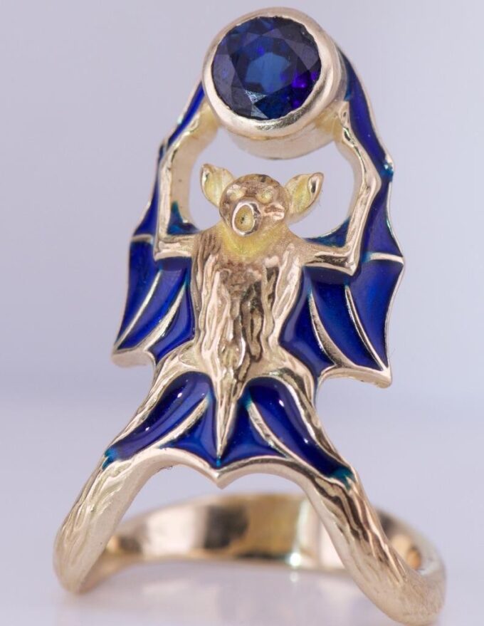 Antique Bat Sculpture Ladies Ring Art Nouveau Style 14k Gold Enamel c1900's