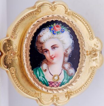Antique Victorian Brooch Ornate 18k Gold Hand Painted Enamel and Diamond c1870's