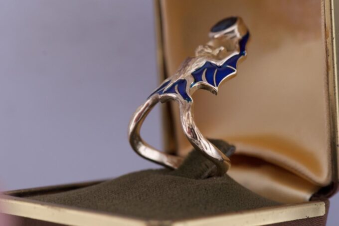 Antique Bat Sculpture Ladies Ring Art Nouveau Style 14k Gold Enamel c1900's