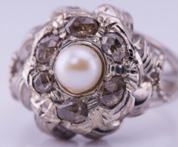 Antique French Ring Art-Deco Platinum 1ct Diamond Sea Pearl-Hand Made c1930's