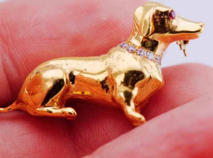 Antique Carl Bucherer Dachshund Dog Brooch 18k Gold Diamonds Ruby c1930's