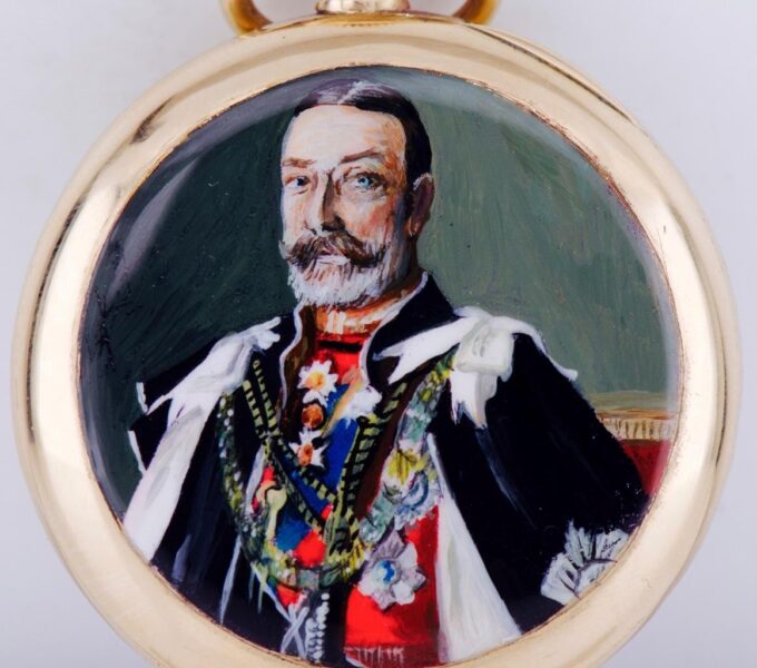 Antique Award Omega Pocket Watch 18k Gold Enamel Portrait of King George V c1920