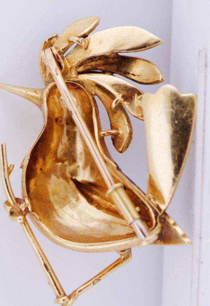 Antique French Ladies Brooch Bird of Paradise 18k Gold Enamel Art-Deco c1930's