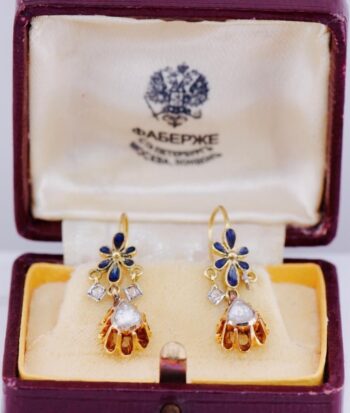 Antique EImperial Faberge Royal Award Gold Enamel Earrings for Empress Alexandra