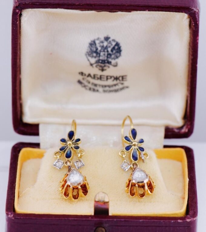 Antique EImperial Faberge Royal Award Gold Enamel Earrings for Empress Alexandra