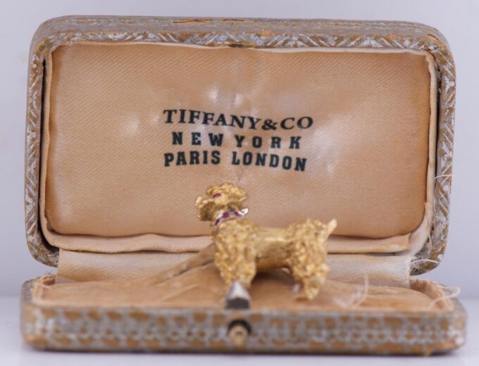 Antique Art-Deco Tiffany&Co 18k Gold Ruby Poodle Dog Brooch c1930's Boxed RARE