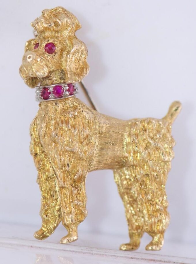 Antique Art-Deco Tiffany&Co 18k Gold Ruby Poodle Dog Brooch c1930's Boxed RARE