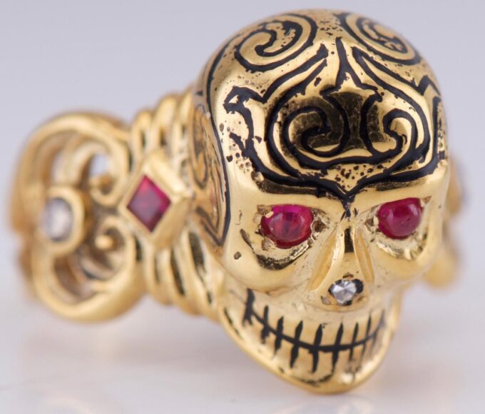 Antique Victorian Ring Gold Ornate Memento Mori Skull Black Enamel Diamond Ruby